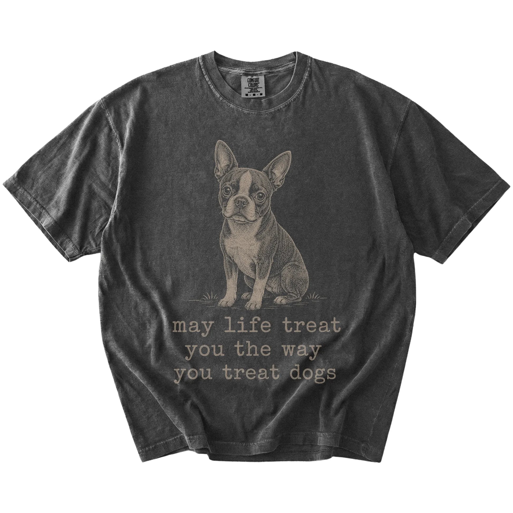 Pepper Boston Terrier Karma T-Shirt laid flat