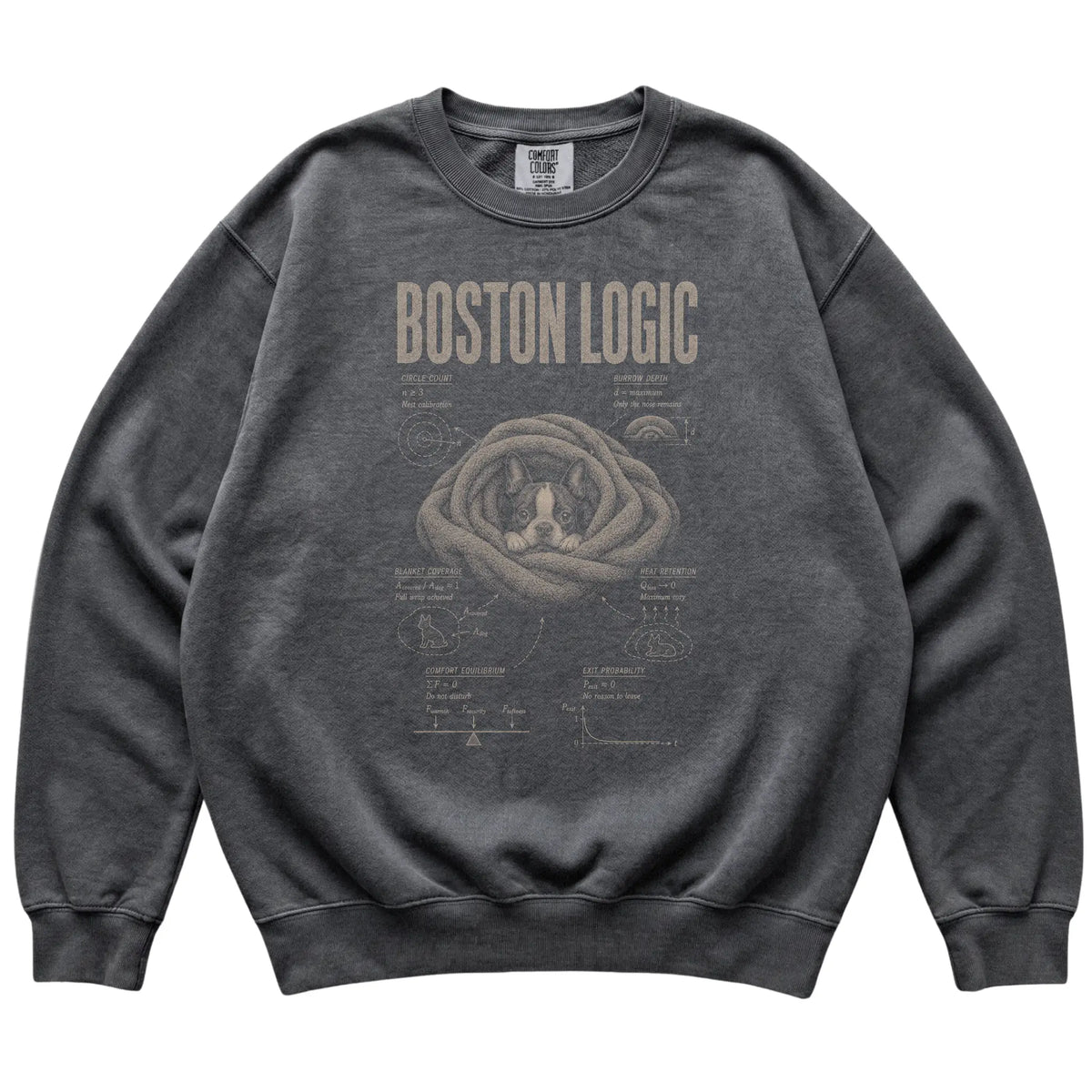 Pepper Boston Terrier Logic sweatshirt laid flat