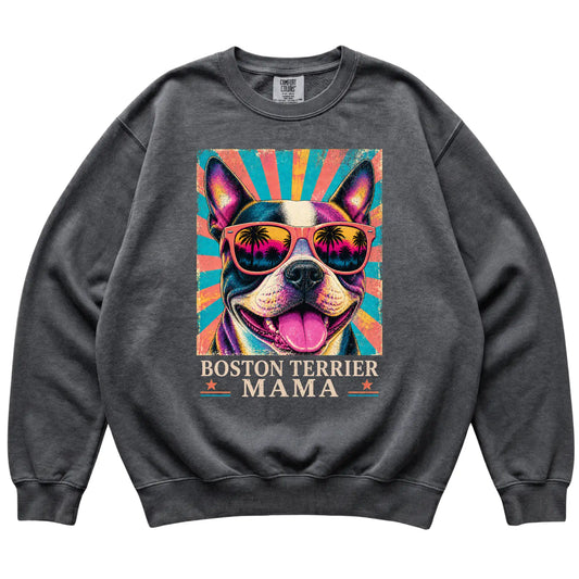 Retro Boston Terrier Mama design on a Pepper Comfort Colors sweatshirt
