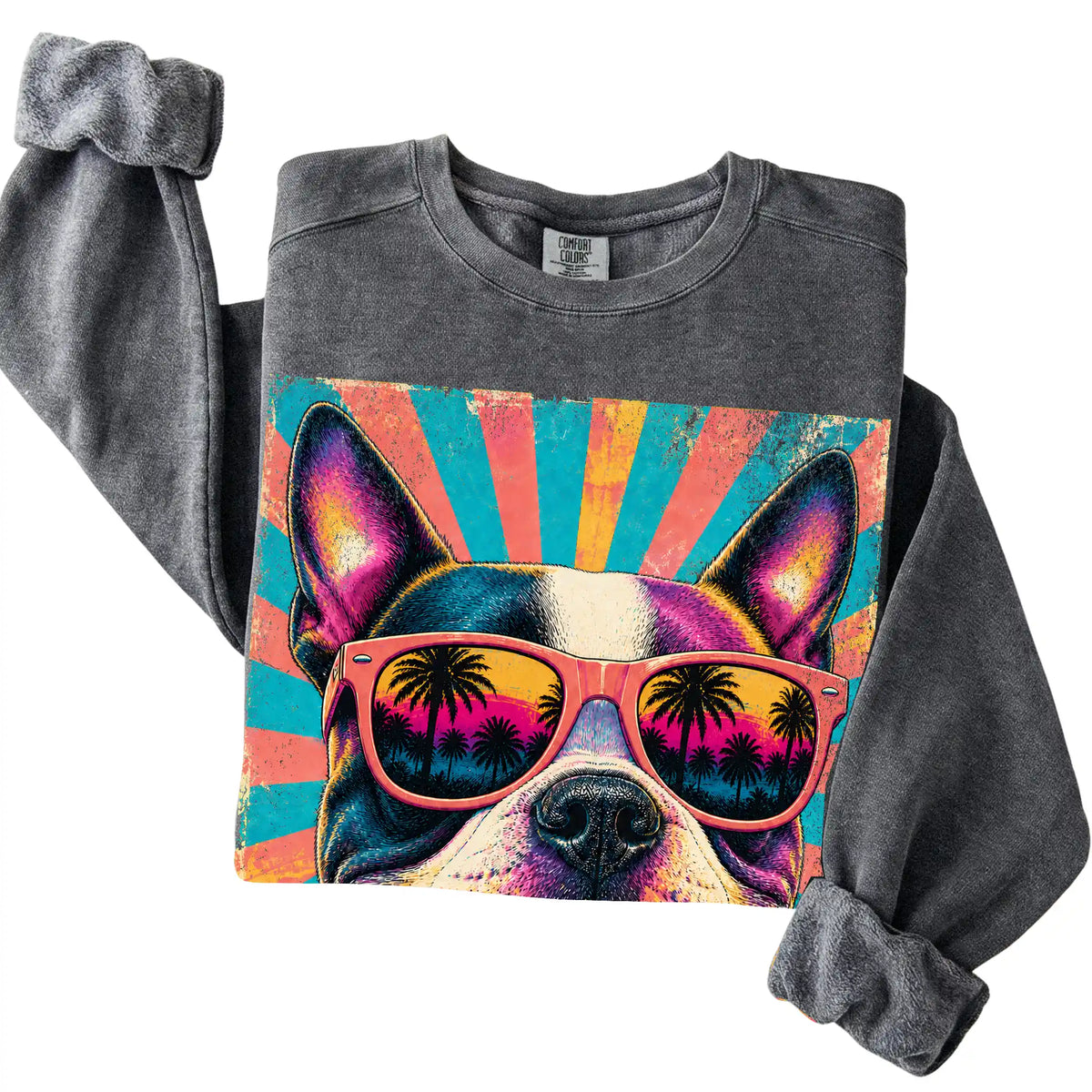 Folded Pepper Comfort Colors sweatshirt with a Retro Boston Terrier Mama design