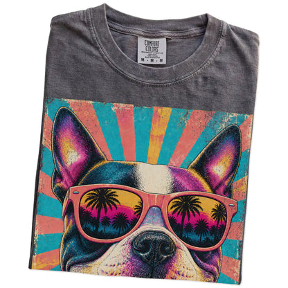 Retro Boston Terrier Mama design on a Pepper Comfort Colors T-shirt folded detail