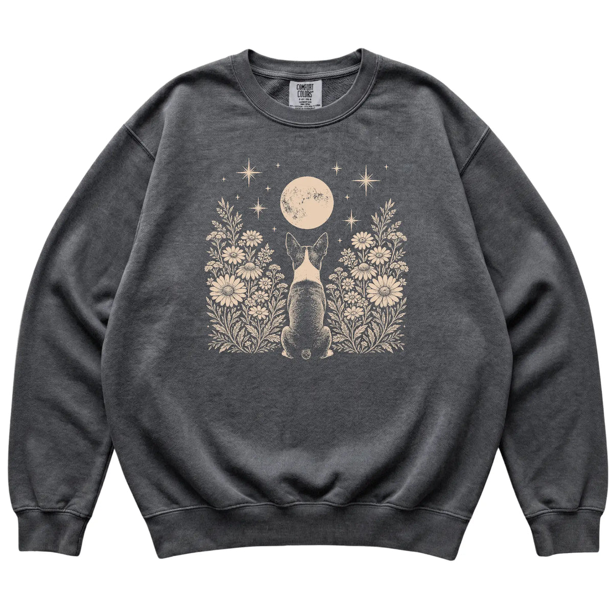 Boston Terrier Wildflower Moon sweatshirt in Pepper, flat lay view