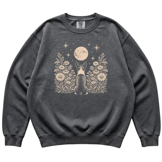 Boston Terrier Wildflower Moon sweatshirt in Pepper, flat lay view