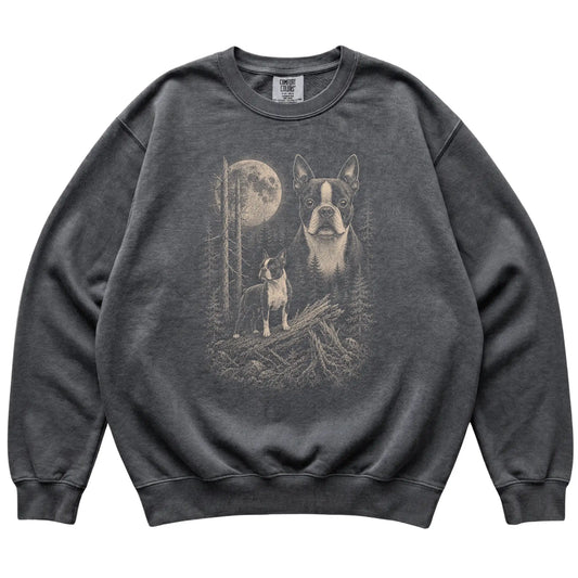 Pepper Boston Terrier Moonlit Forest Comfort Colors sweatshirt, flat view