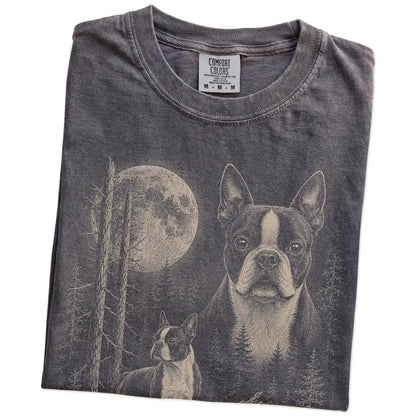 Folded Pepper Boston Terrier Moonlit Forest T-Shirt showing the graphic