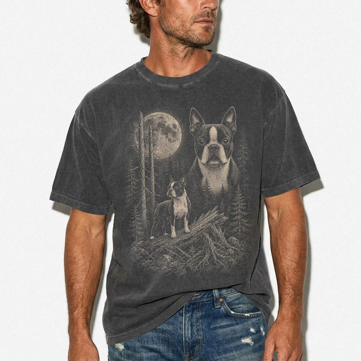 Man wearing a Pepper Boston Terrier Moonlit Forest T-Shirt