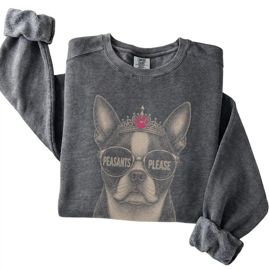 Pepper Comfort Colors sweatshirt featuring Boston Terrier Peasants Please, folded presentation