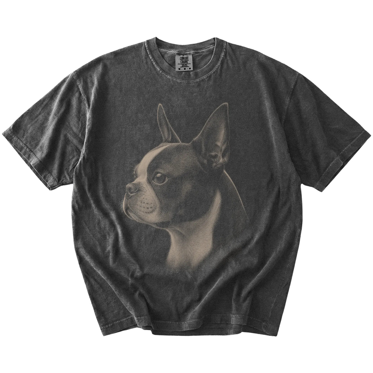A detailed photographic portrait of a Boston Terrier on a Pepper Comfort Colors® T-shirt