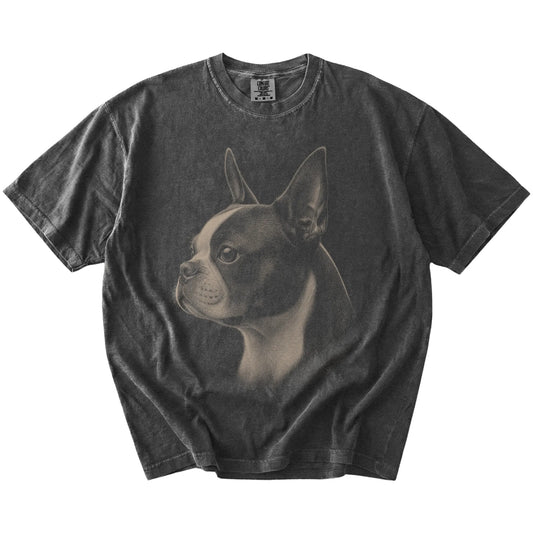 A detailed photographic portrait of a Boston Terrier on a Pepper Comfort Colors® T-shirt