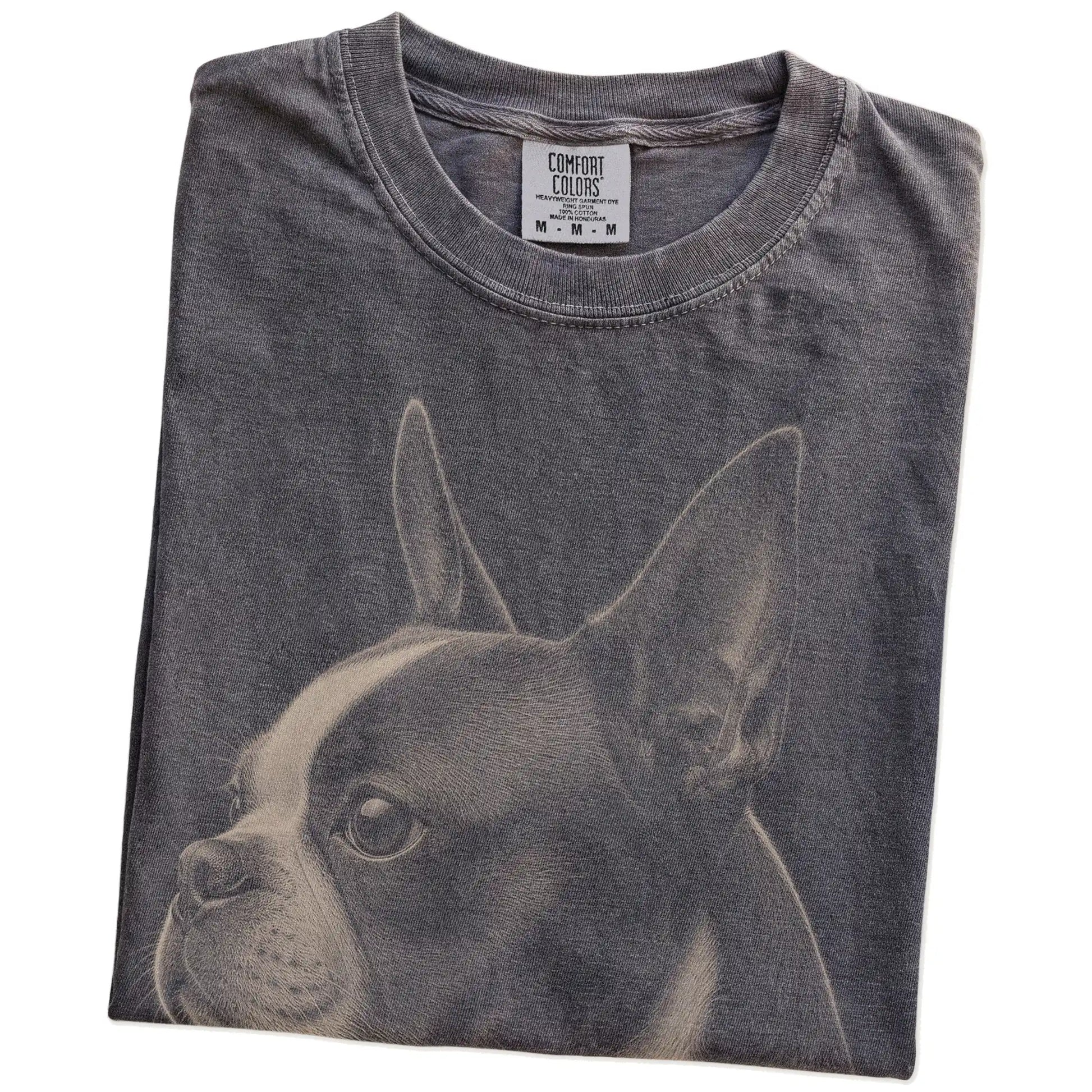 Folded Pepper Comfort Colors® T-shirt showing a detailed photographic portrait of a Boston Terrier