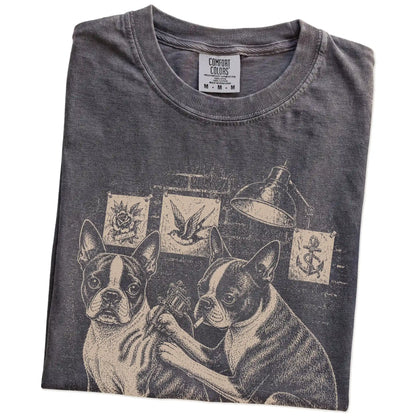 Folded Pepper Boston Terrier Tattoo t-shirt showing the graphic