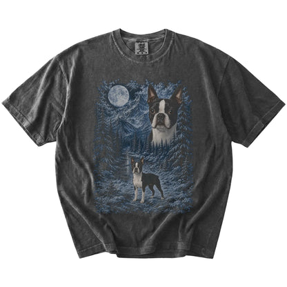 pepper T-shirt with Boston Terrier Winter Moon artwork.