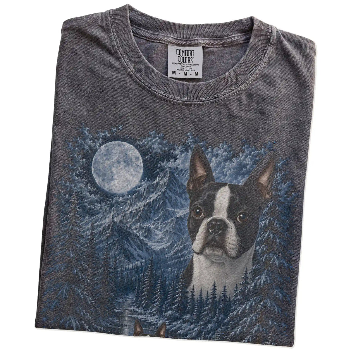 Folded pepper T-shirt with Boston Terrier Winter Moon artwork.