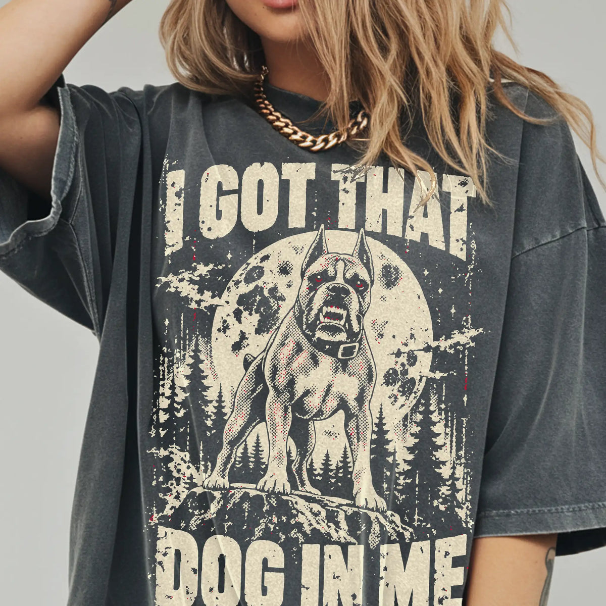 Pepper Boxer I Got That Dog in Me T-shirt, worn by a model