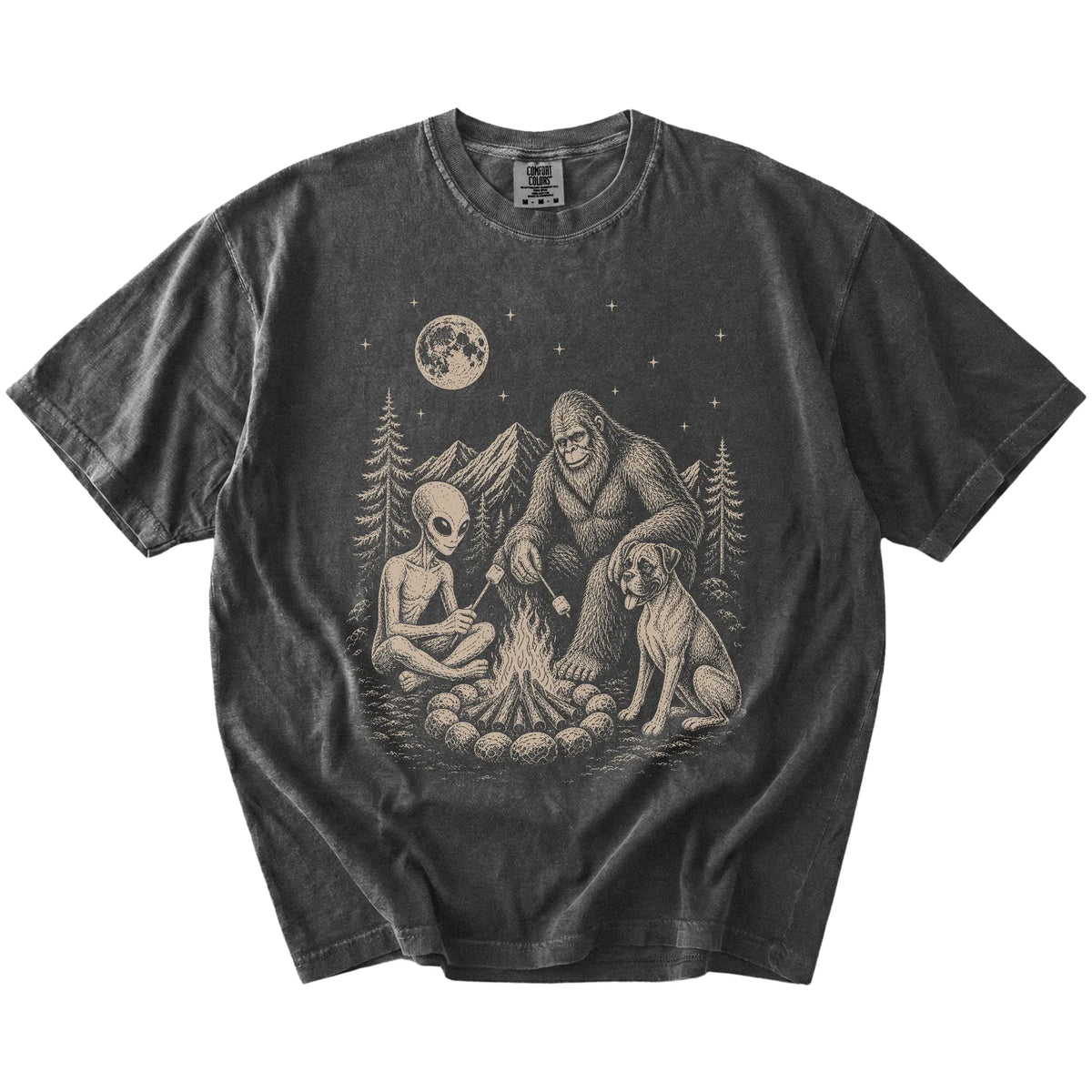 Boxer camping with Bigfoot and an alien on a Pepper Comfort Colors® T-shirt