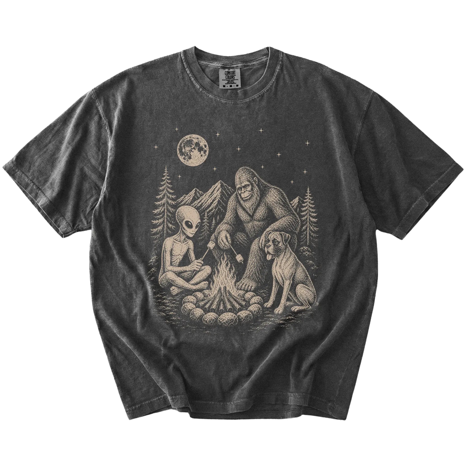 Boxer camping with Bigfoot and an alien on a Pepper Comfort Colors® T-shirt