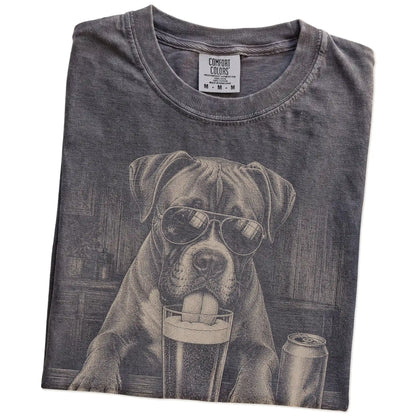 Folded Pepper Comfort Colors® t-shirt showing Boxer sneaking a drink from a pint