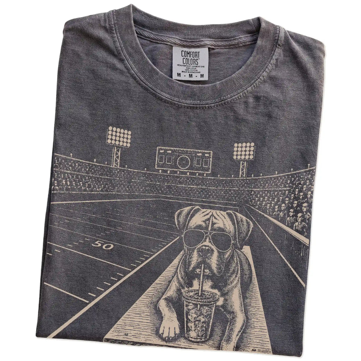 Folded Pepper Comfort Colors® T-shirt showing Boxer ready for football and tailgate season