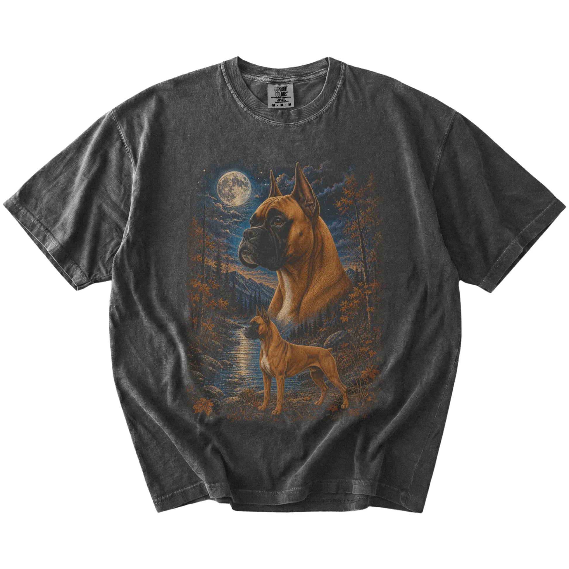 Boxer in a moonlit fall forest scene on a Pepper Comfort Colors® t-shirt