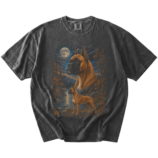 Boxer in a moonlit fall forest scene on a Pepper Comfort Colors® t-shirt