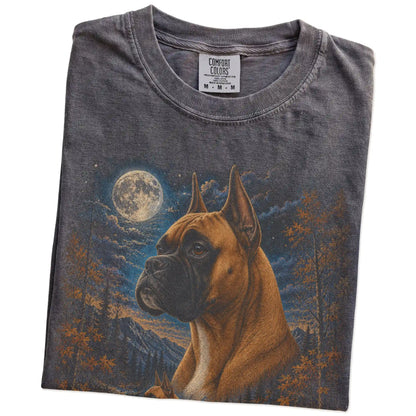 Folded Pepper Comfort Colors® t-shirt showing Boxer in a fall forest graphic