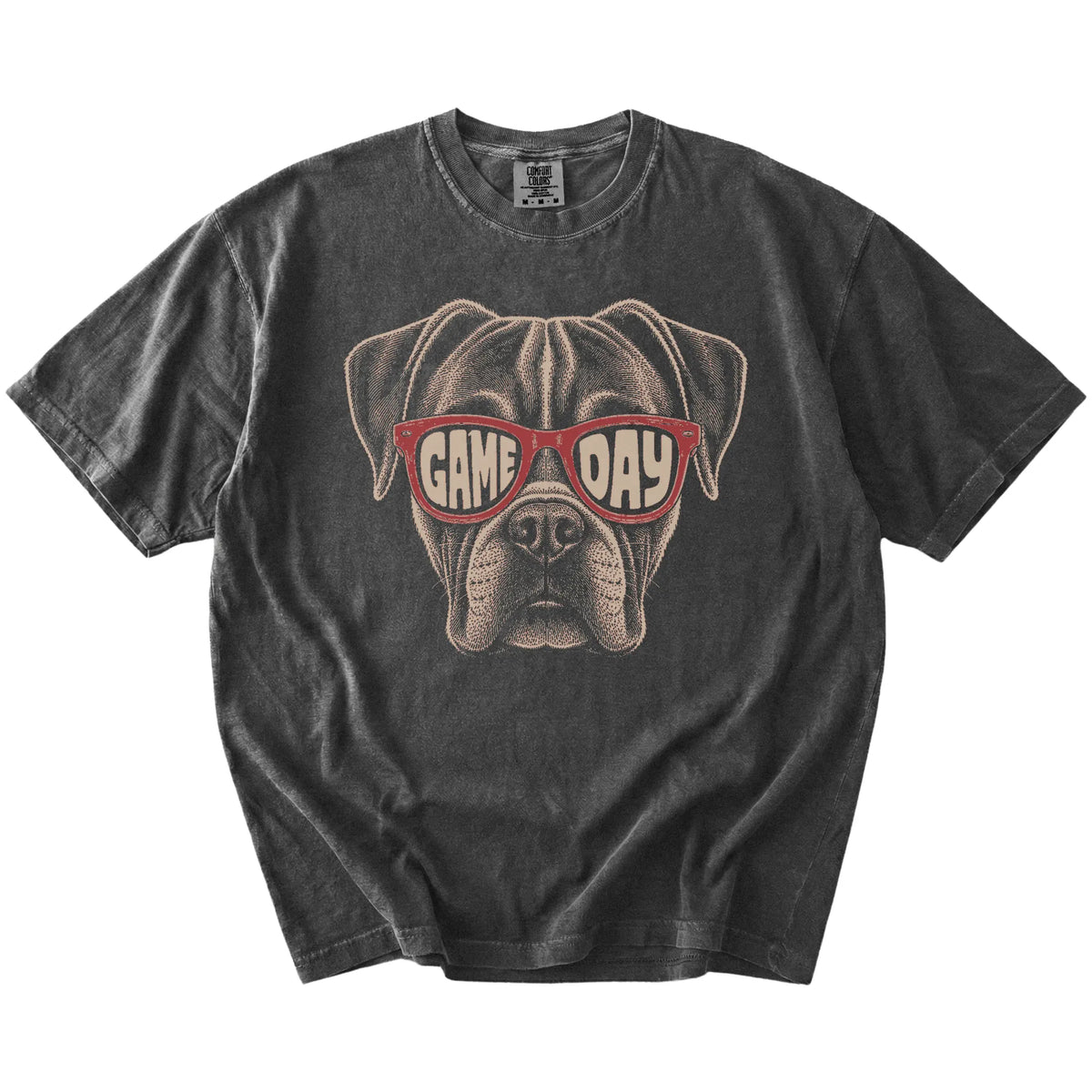 Boxer wearing red Game Day sunglasses on a Pepper Comfort Colors® T-shirt