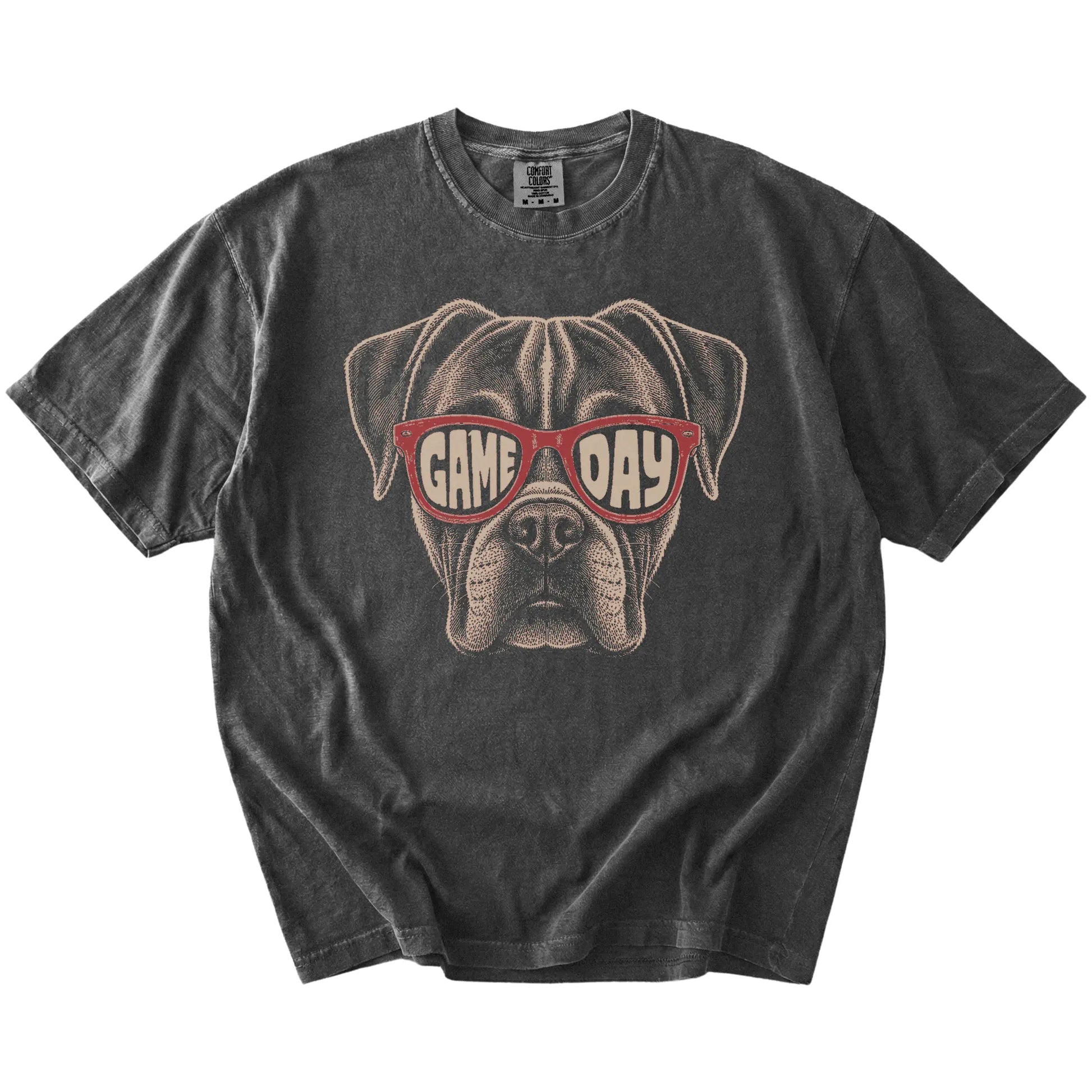 Boxer wearing red Game Day sunglasses on a Pepper Comfort Colors® T-shirt