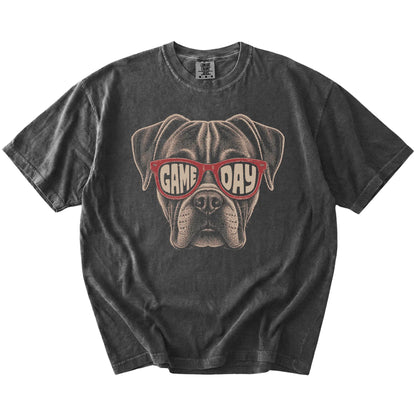 Boxer wearing red Game Day sunglasses on a Pepper Comfort Colors® T-shirt