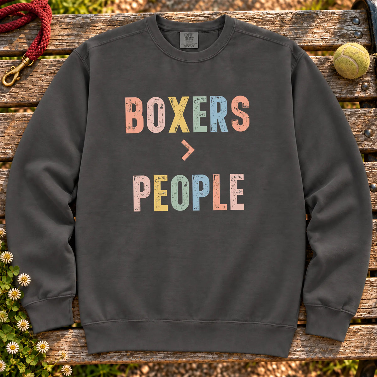 Boxers greater than people text design on a Pepper Comfort Colors sweatshirt