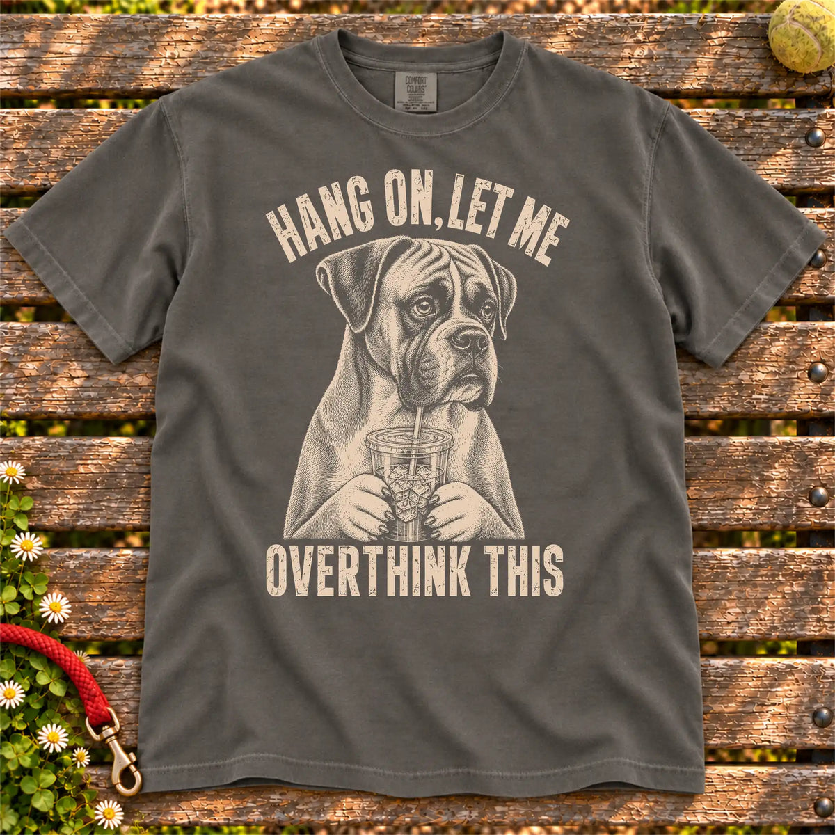 Overthinking Boxer design on a Pepper Comfort Colors T-shirt, shown flat