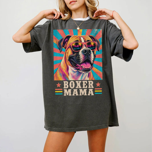Retro Boxer Mama design on a Pepper Comfort Colors T-shirt worn by a model