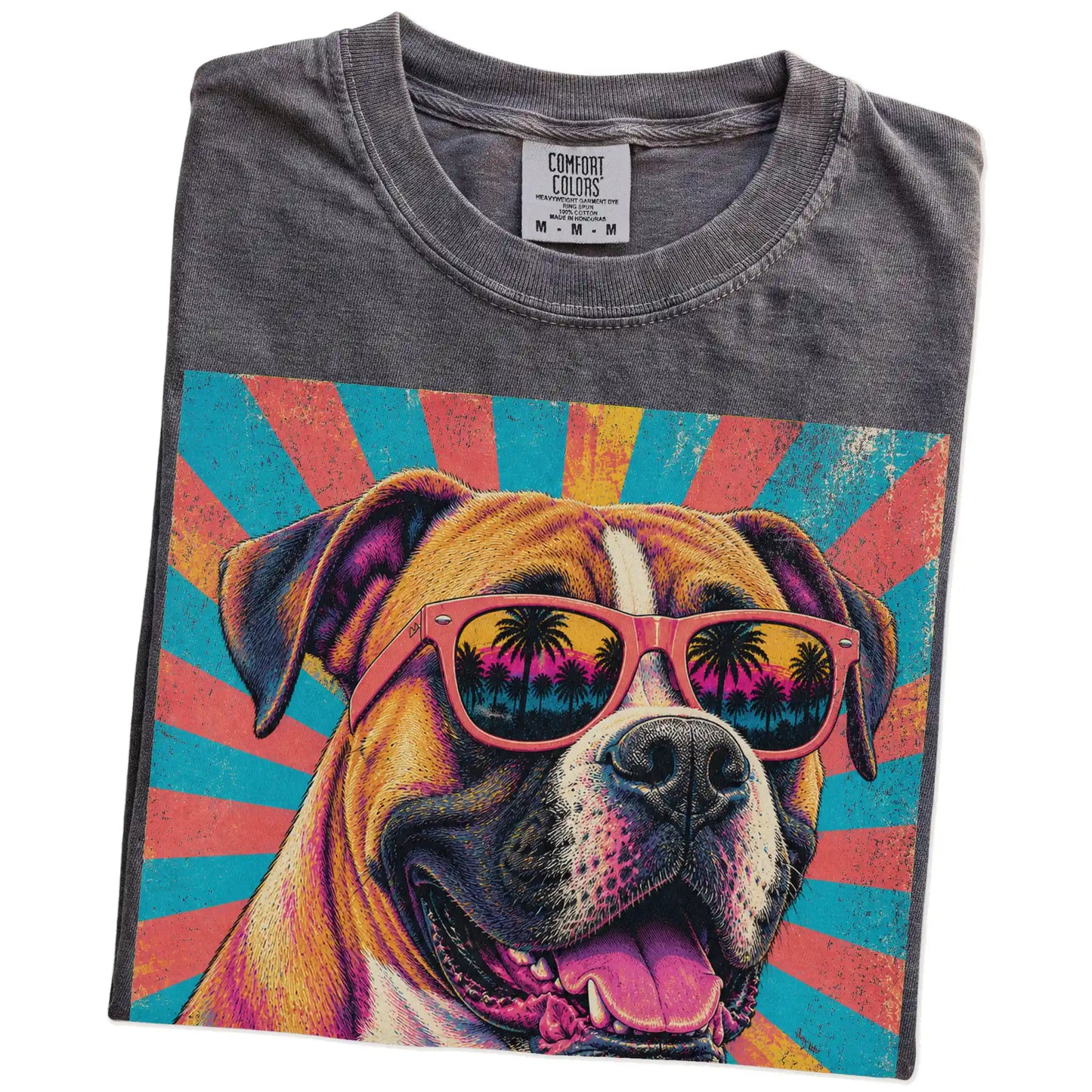 Retro Boxer Mama design on a Pepper Comfort Colors T-shirt folded detail