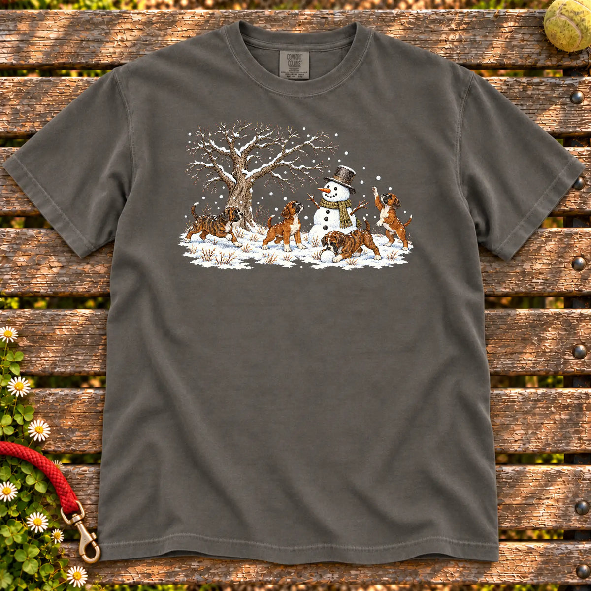 Boxer puppies playing in snow with a snowman on a Pepper T-shirt