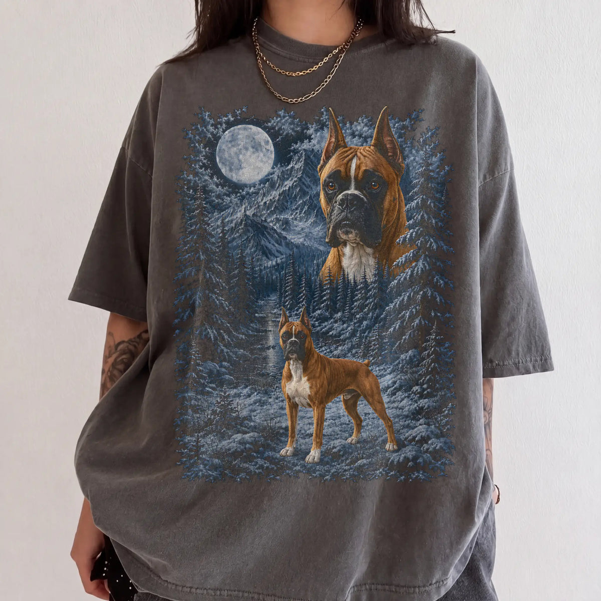 Model wearing a pepper T-shirt with Boxer Winter Moon artwork.