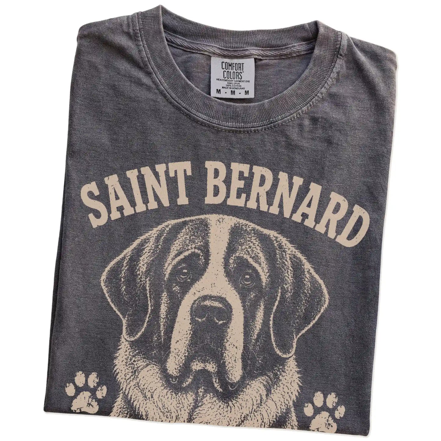 Folded Pepper Comfort Colors® T-shirt showing Saint Bernard design with “Built To Rescue The Weekend” lettering