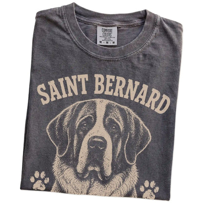 Folded Pepper Comfort Colors® T-shirt showing Saint Bernard design with “Built To Rescue The Weekend” lettering