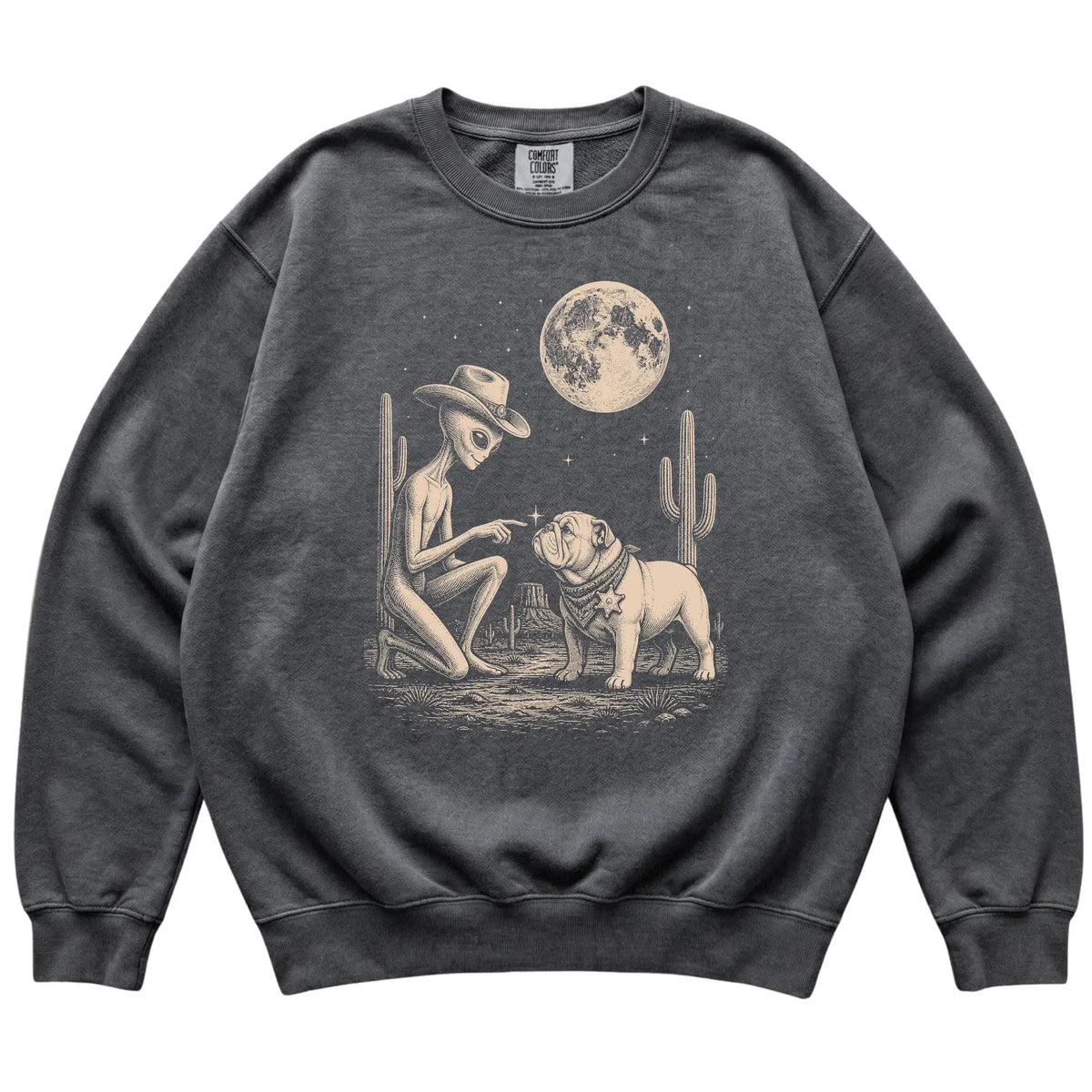 Pepper Comfort Colors® sweatshirt featuring Bulldog Cowboy and Alien, laid-flat presentation