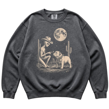 Pepper Comfort Colors® sweatshirt featuring Bulldog Cowboy and Alien, laid-flat presentation