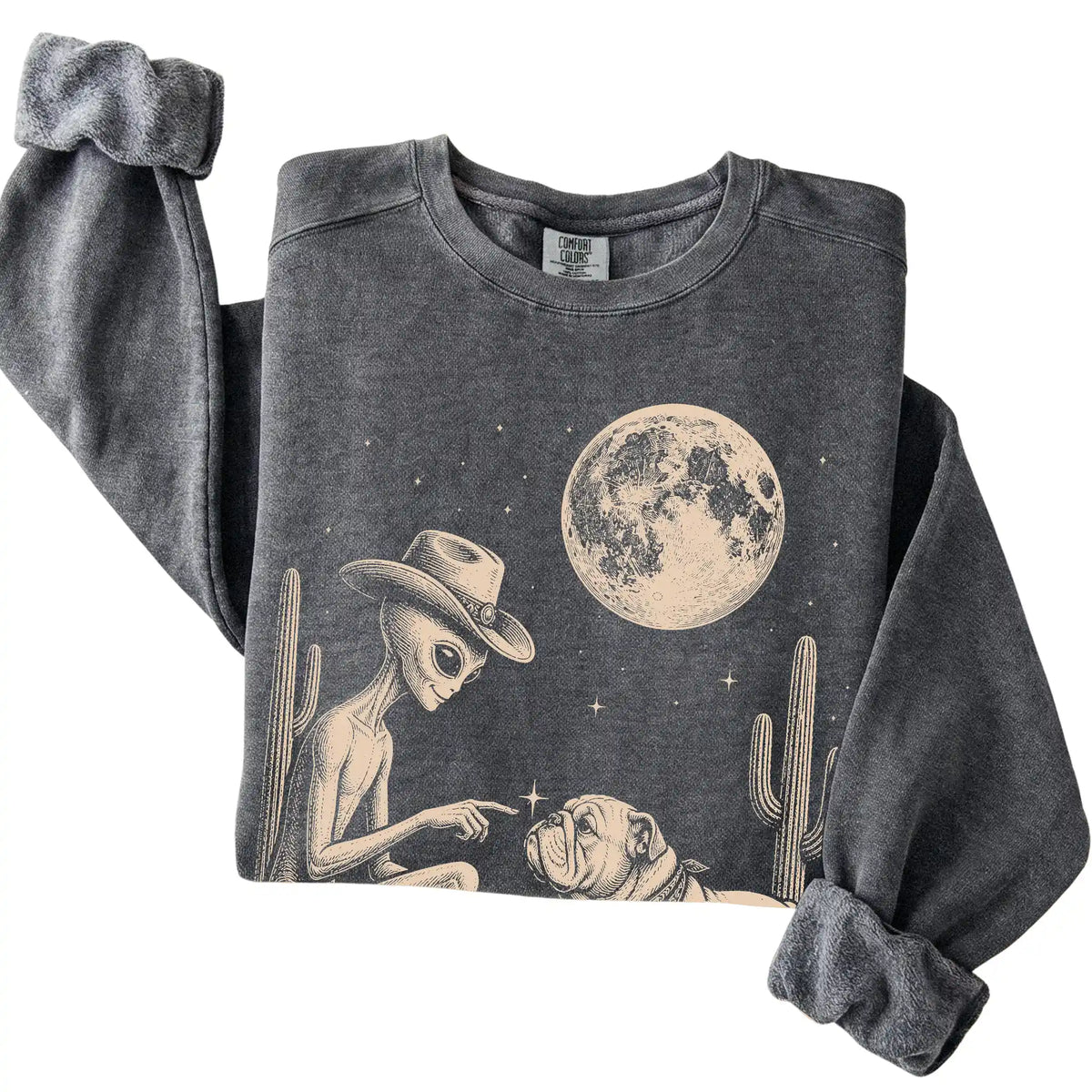 Pepper Comfort Colors® sweatshirt featuring Bulldog Cowboy and Alien, folded presentation