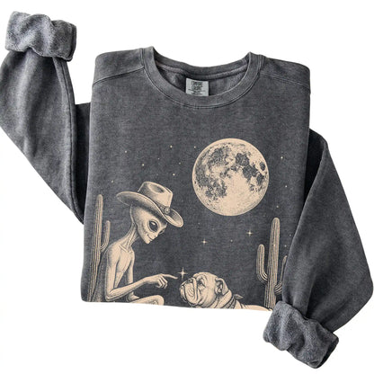 Pepper Comfort Colors® sweatshirt featuring Bulldog Cowboy and Alien, folded presentation