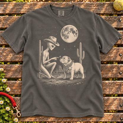 English Bulldog Cowboy and Alien on a Pepper T-shirt, shown flat