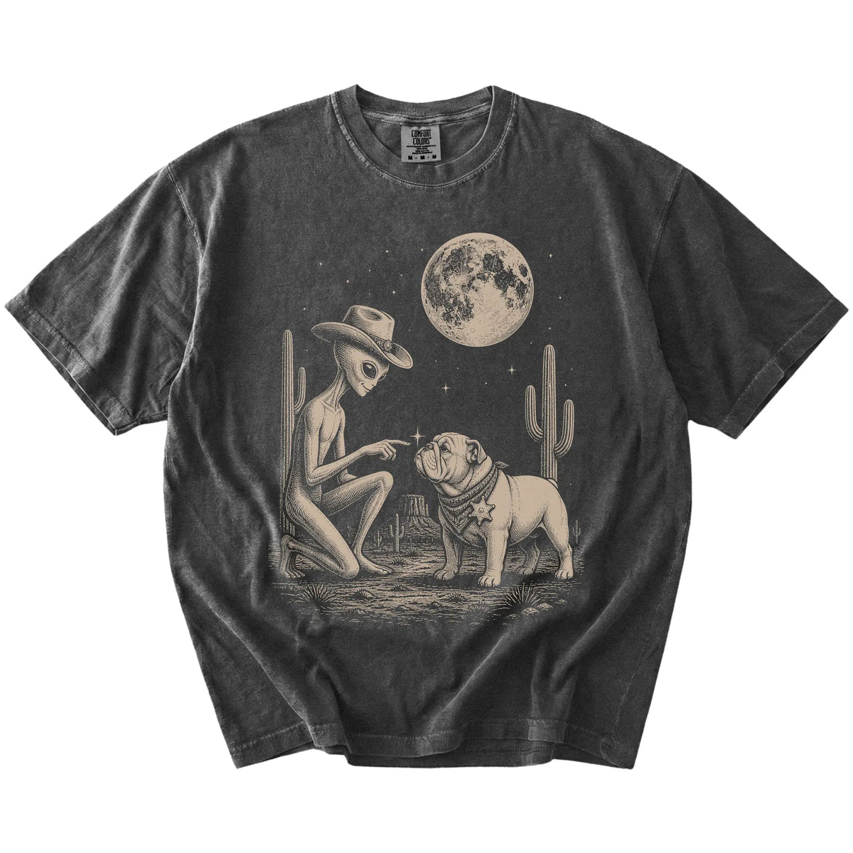 Cowboy alien fist-bumping a Bulldog beneath the moon on a Pepper Comfort Colors® T-shirt