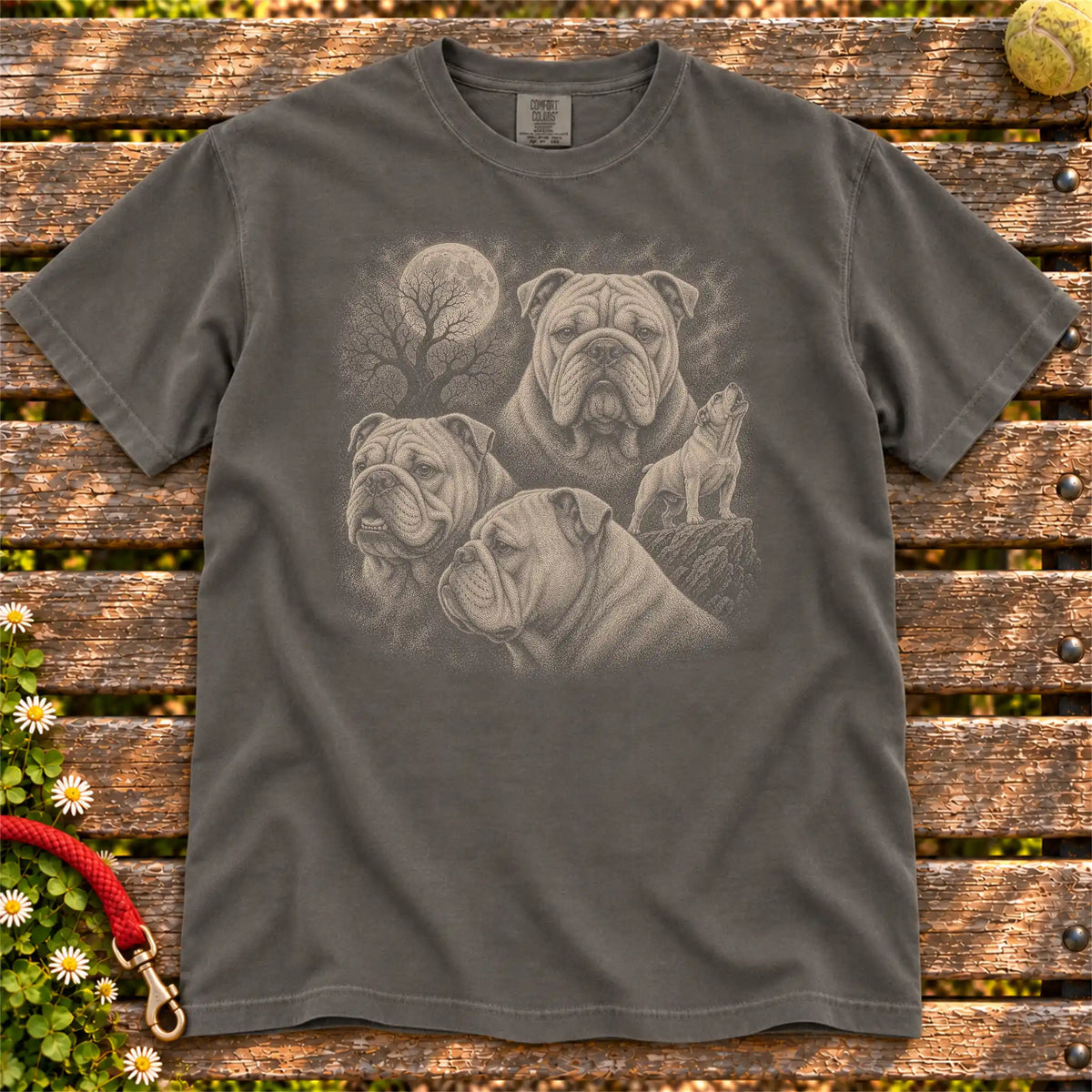 English Bulldog 90s Moon design on a Pepper T-shirt shown flat