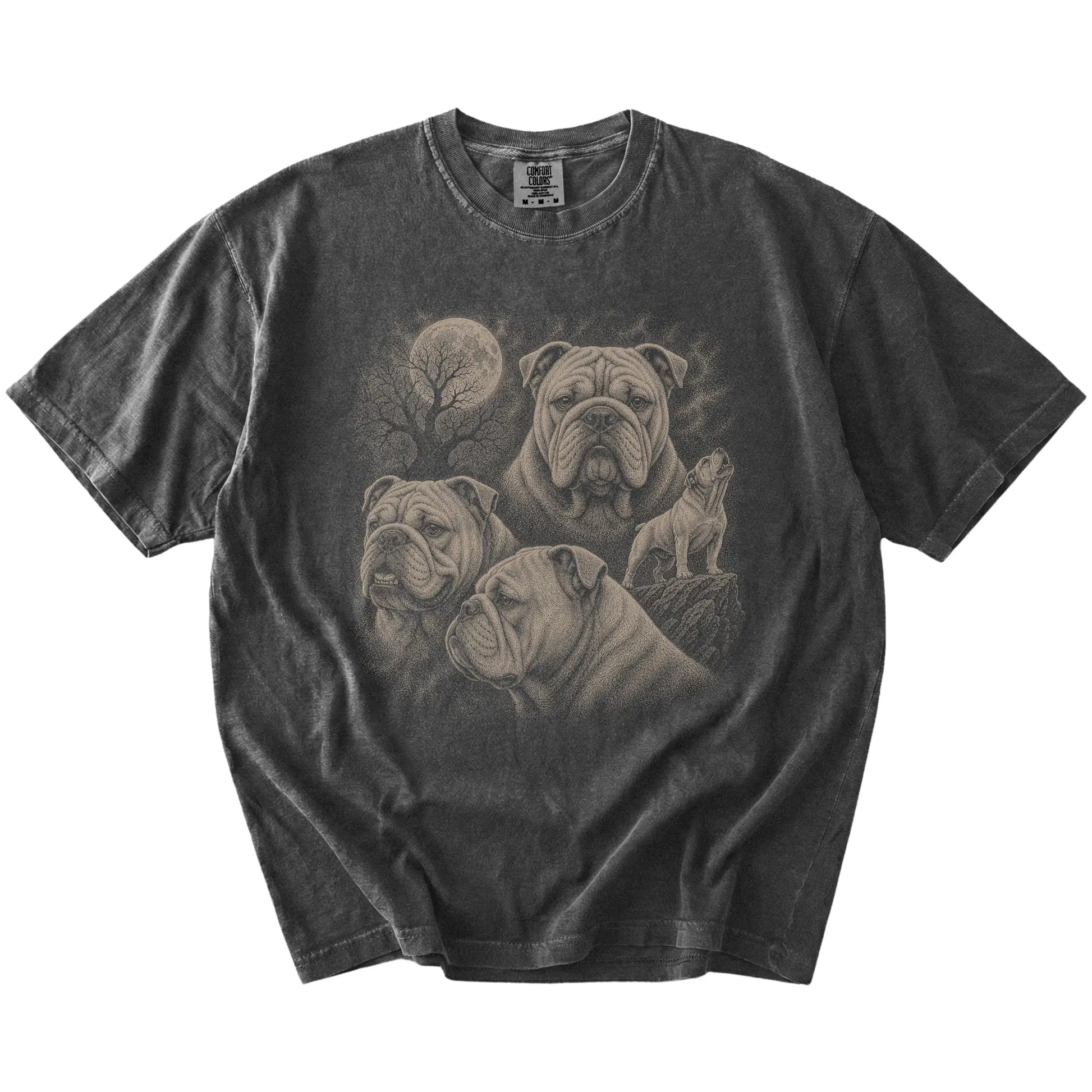 Vintage moon montage featuring Bulldog on a Pepper Comfort Colors® T-shirt