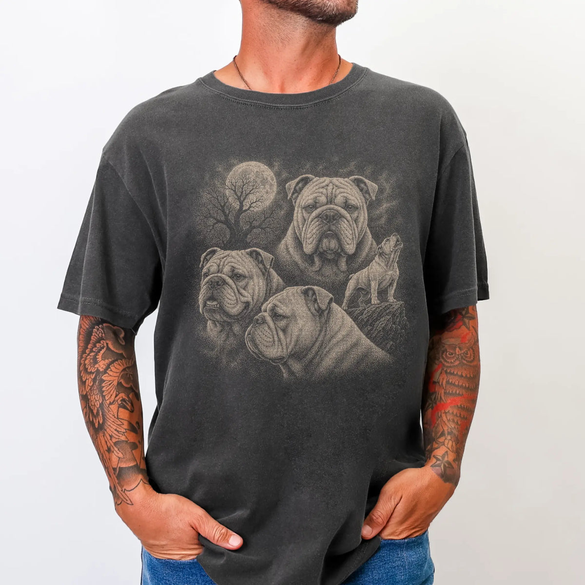 Model wearing a Pepper Comfort Colors® T-shirt with a vintage moon montage featuring Bulldog