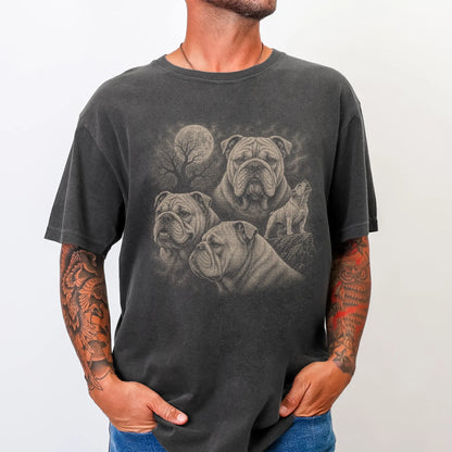 Model wearing a Pepper Comfort Colors® T-shirt with a vintage moon montage featuring Bulldog