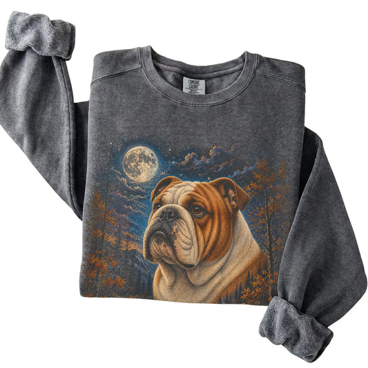 Folded pepper sweatshirt with Bulldog Autumn Moon artwork.
