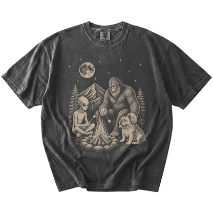 Bulldog camping with Bigfoot and an alien on a Pepper Comfort Colors® T-shirt