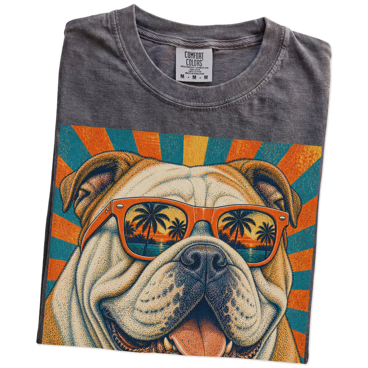 Retro Bulldog Dad design on a Pepper Comfort Colors T-shirt folded detail