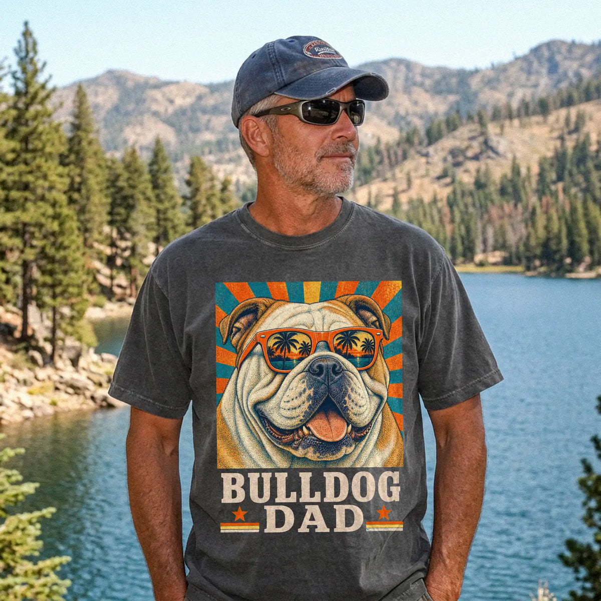 Retro Bulldog Dad design on a Pepper Comfort Colors T-shirt worn by a model